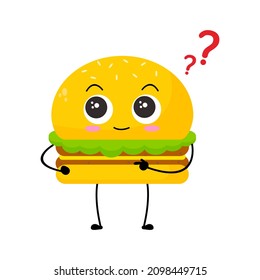 Vector illustration of burger character with funny expression. cartoon monster isolated on white background, simple minimal style, for mascot or emoticon collection. curious and ask