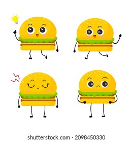 Vektorgrafik des Hamburger Charakters mit lustigem Ausdruck. Cartoon-Monster einzeln auf weißem Hintergrund, schlichter Minimalstil, für Maskottchen oder Emotionen-Kollektion. bezauberndes Set