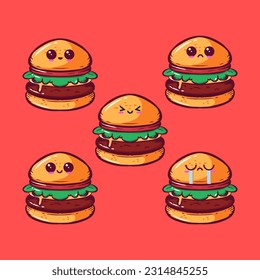
ilustración vectorial de un carácter de hamburguesa en diversas expresiones