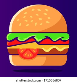 Vector Illustration of burger with cheese, meat, salad isolated on violet background. Tasty hamburger. Fast food. [EPS 10]