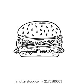 Vector illustration of burger with cutlet, tomatoes and greens in doodle style.