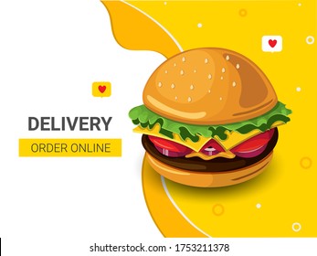 Vector illustration. Burger, Design for online food order at home. Fast food. Isometry, 3D.