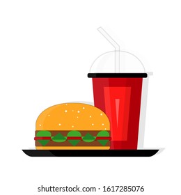 Vector illustration of a burger and a drink on a charming plate