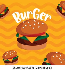 Vector illustration of Burger | Facebook, Instragram, Pinterest,Twitter,LinkedIn Burger Banner. Yellow wave pattern background.