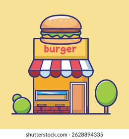 Vector illustration of a burger fast food restaurant in cute cartoon style. Colorful and fun design with a big burger sign, ideal for children’s projects or games.