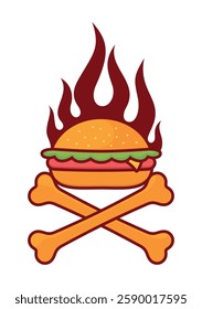Vector illustration of a burger with flames and crossbones. Isolated on white background