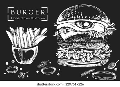 Vector illustration with burger and french fries. Hand-drawn illustration on the black background.