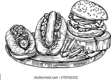 
vector illustration of a burger and hot dogs with detailed drawing