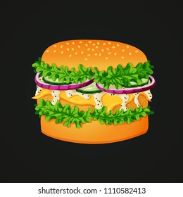 Vector illustration of a burger icon with coated patty, sesame topped bun, lettuce, cheese, white mayonnaise sauce, cucumbers and red onions an a dark background.