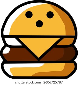 Vector illustration of a burger icon with a stylized design, featuring cheese, patty, and bun elements in a cartoon like style. 