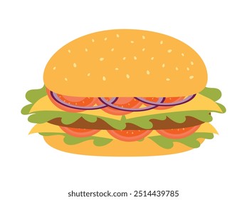 Ilustración vectorial de hamburguesa aislada sobre fondo blanco. Hamburguesa con tomate, lechuga, queso, cebolla, chuleta. Concepto de diseño de comida rápida.