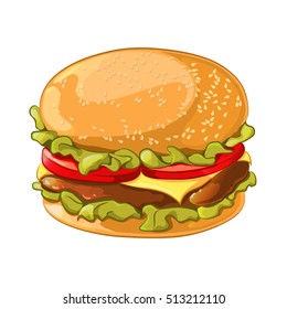 Vector illustration of burger isolated on white background. Ingredients: bun with sesame seeds, beef or chicken patty, cheese, lettuce, tomatoes. It can be used for your banner design