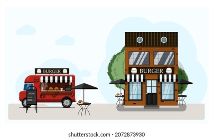 Vector illustration of a burger joint. Facade of a fast food restaurant with tables and delivery. Cartoon building in European style. Flat illustration icon