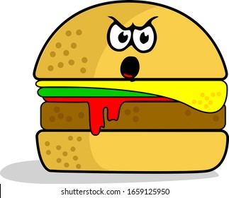 Vector Illustration Burger with 'Kawaii" Angry Face Expression