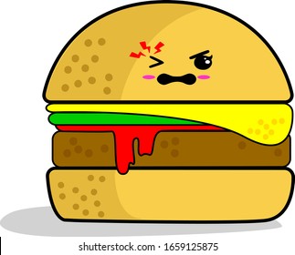 Vector Illustration Burger with 'Kawaii" Being Sick Face Expression