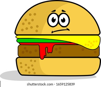 Vector Illustration Burger with 'Kawaii" Confused Face Expression