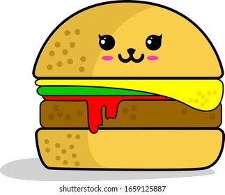 Vector Illustration Burger with 'Kawaii" Happy Face Expression