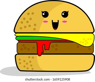 Vector Illustration Burger with 'Kawaii" Happy Face Expression