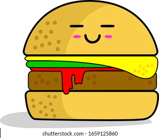 Vector Illustration Burger with 'Kawaii" Smiley Face Expression