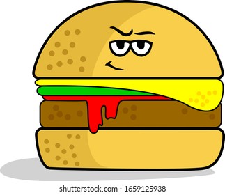 Vector Illustration Burger with 'Kawaii" Uneasy Face Expression