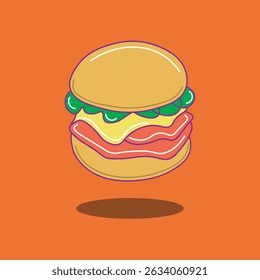 A vector illustration of a burger with layers of cheese, lettuce, and beef patty