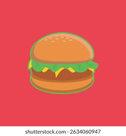 A vector illustration of a burger with lettuce, cheese, and a beef patty.