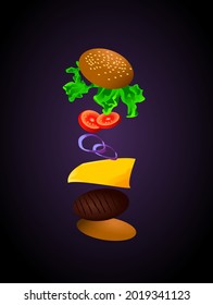 Vector illustration of a burger with lettuce, tomato, onion slices and cheese filling