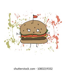 Vector illustration. Burger on splash background. Cartoon drawing. Funny print design elements.