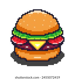 Vector Illustration of Burger with Pixel Art Design, perfect for food assets themed designs, perfect for food assets themed designs