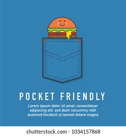 Vector illustration of burger in pocket. Happy Burger and Pocket. Pocket Friendly Food Concept.