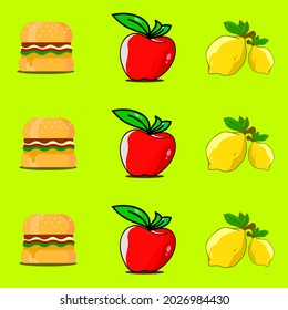 vector illustration of burger, red apple and yellow lemon