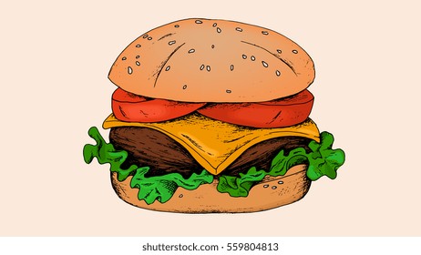 Vector illustration of a burger retro sketch style. Burger house.