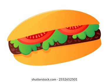 Vektorgrafik von Burger oder Sandwich. Goldene Brötchen, Salat, saftige Tomatenscheiben und Pasteten. Gestaltungselement für Menüs, Werbung, Schilder oder Online-Bestellungen. Erstellen von Inhalten zu einem kulinarischen Thema