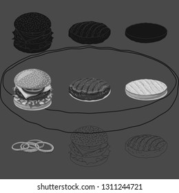 Vector illustration of burger and sandwich sign. Set of burger and slice stock symbol for web.