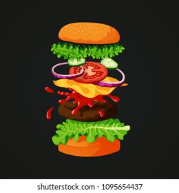 Vector illustration of a burger separated into layers showing ingredients: sesame topped bun, lettuce, meat patty, cheese, tomato , red onion, fresh cucumber and tomato ketchup on a dark background.