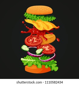 Vector illustration of burger separated into layers showing ingredients: sesame topped bun, lettuce, coated patty, cheese, tomato slices, red onions, fresh cucumbers and ketchup on a dark background.