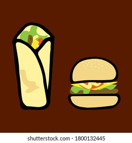 Vector illustration of burger with sesame topping, kebab with good taste