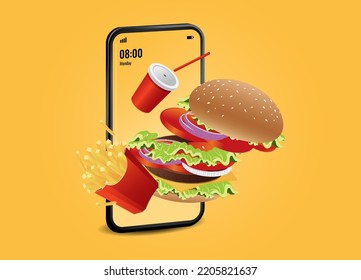 Vector illustration of burger set mobile online delivery service. mobile for order, hamburger icon, on transparent background. 