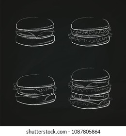 Vector illustration of burger silhouettes with salad and cheese drawn with chalk on a blackboard. Cheeseburger, chickenburger, double burger.