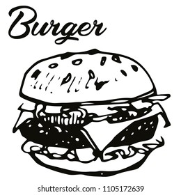 Vector illustration of burger with tomato, chesse and meat with lettering in black ink