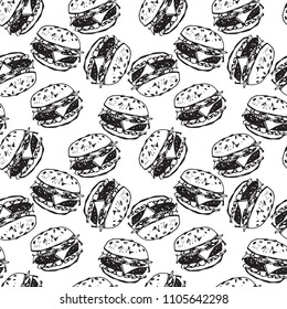 Vector illustration of burger with tomato, chesse and meat with lettering in black ink pattern