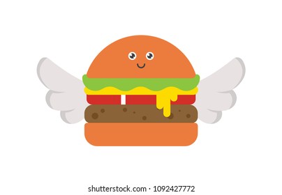 Vector illustration of Burger with Wings. Flying Food Concept. Burger Character