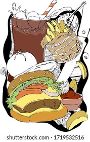 vector illustration burger wiyh cheese,coca-cola in a glass goblet,fries in a basket
