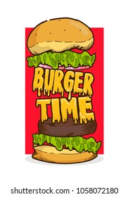 Vector illustration of a burger with the word "BURGER TIME" replacing the cheese