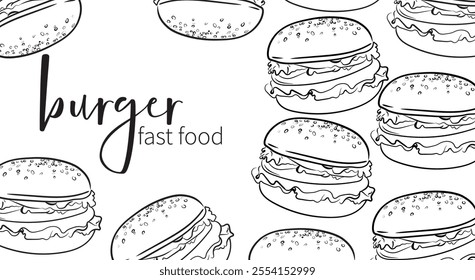 Vector illustration of a burger.Illustration for banner, restaurant menu. Fast food, black and white style. Outline style.