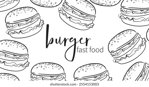Vector illustration of a burger.Illustration for banner, restaurant menu. Fast food, black and white style. Outline style.