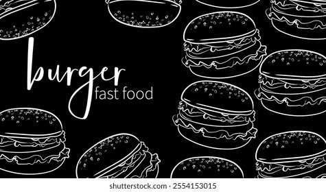 Vector illustration of a burger.Illustration for banner, restaurant menu. Fast food, black and white style. Outline style.
