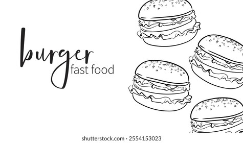 Vector illustration of a burger.Illustration for banner, restaurant menu. Fast food, black and white style. Outline style.