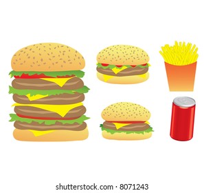 Vector Illustration of Burgers, Chips and a 3d Can isolated on a white background