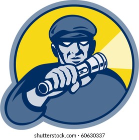 Vector Illustration Of A Burglar Holding A Flashlight